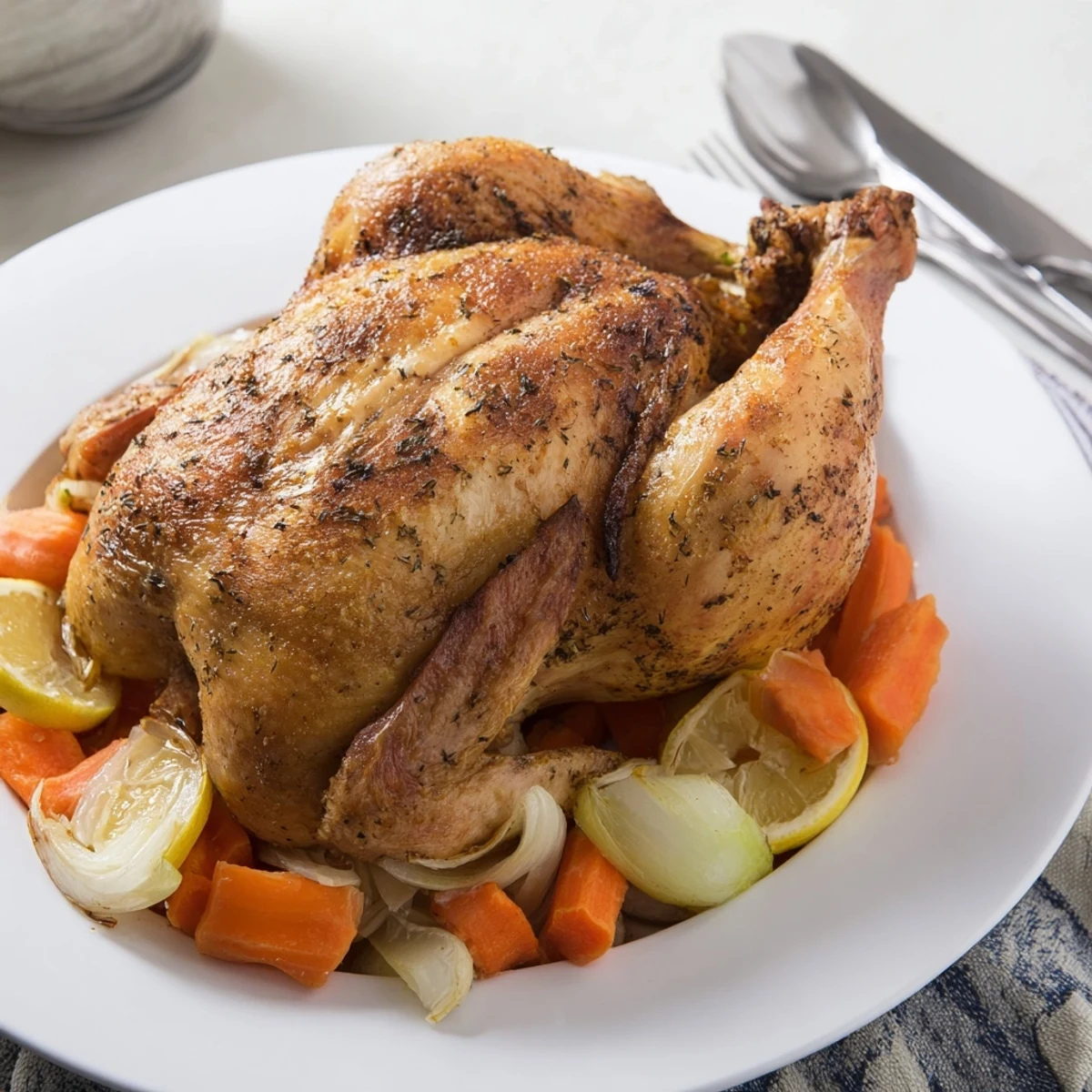 Golden roasted chicken with crispy seasoned skin surrounded by roasted vegetables on a white platter