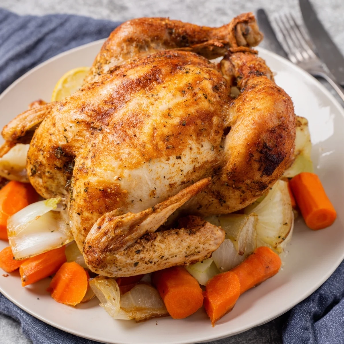 Whole roast garlic and lemon chicken carved into juicy slices garnished with fresh thyme sprigs