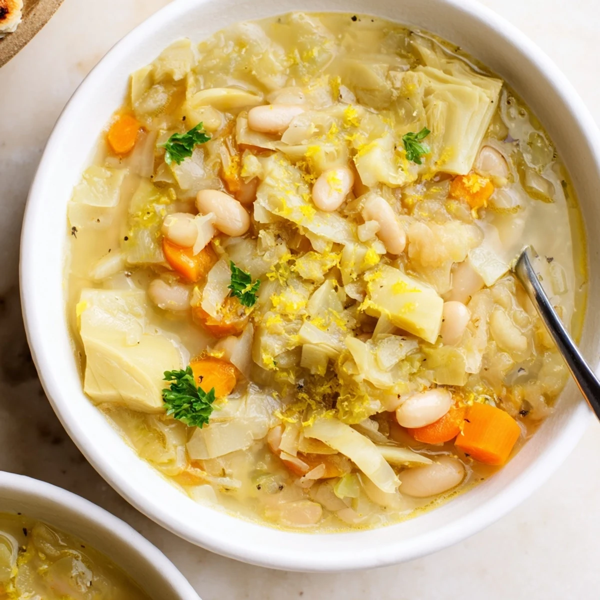 Creamy Lemony Tuscan Artichoke Soup garnished with fresh parsley and lemon wedges in a rustic bowl