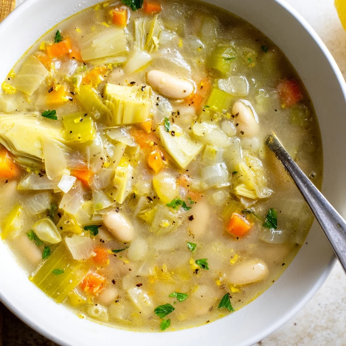 Savory Lemony Tuscan Artichoke Soup featuring tender artichokes and white beans in a light broth