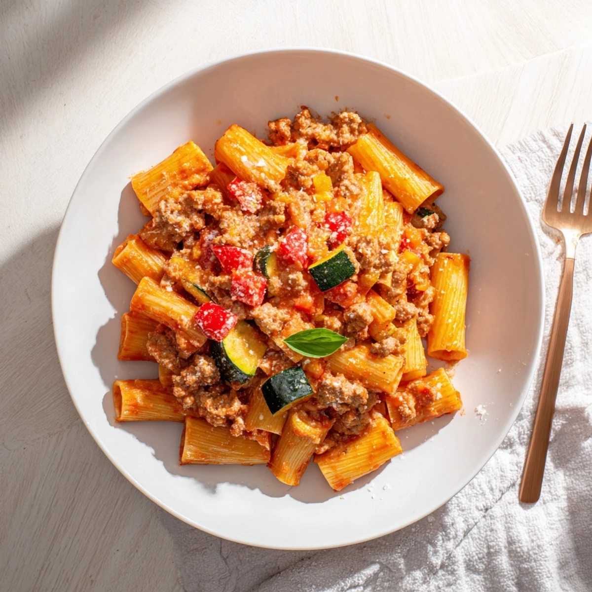 Creamy one pot sausage pasta with tender penne in rich tomato sauce garnished with fresh basil