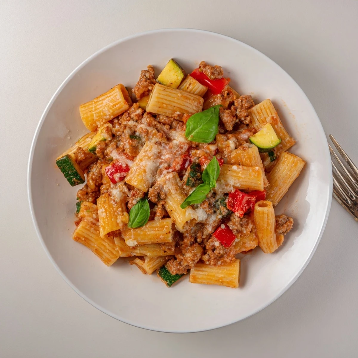 Hearty one pot sausage pasta with crumbled sausage, zucchini, and bell peppers in creamy tomato broth