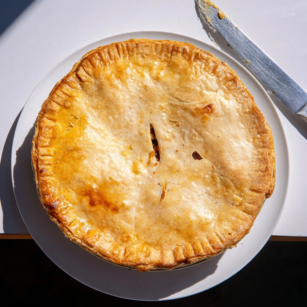 Golden rustic chicken ricotta and herb pie with flaky pastry crust on a white plate