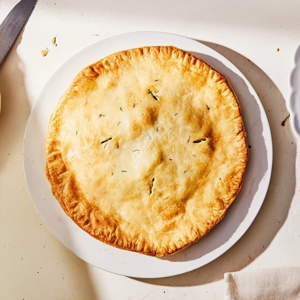 Savory chicken ricotta and herb pie sliced to reveal creamy filling with fresh spinach