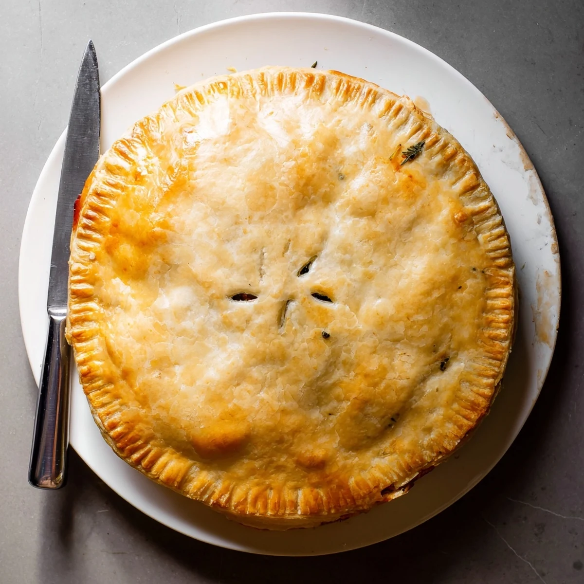 Homemade chicken ricotta and herb pie baked until golden with steam rising from the crust