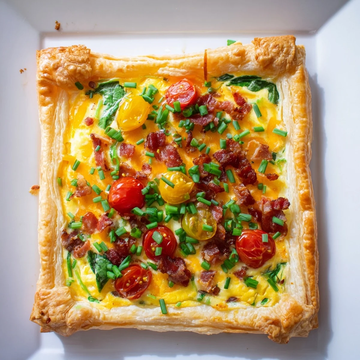 Sliced family breakfast tart revealing creamy egg filling cheese and crispy bacon garnished with fresh chives
