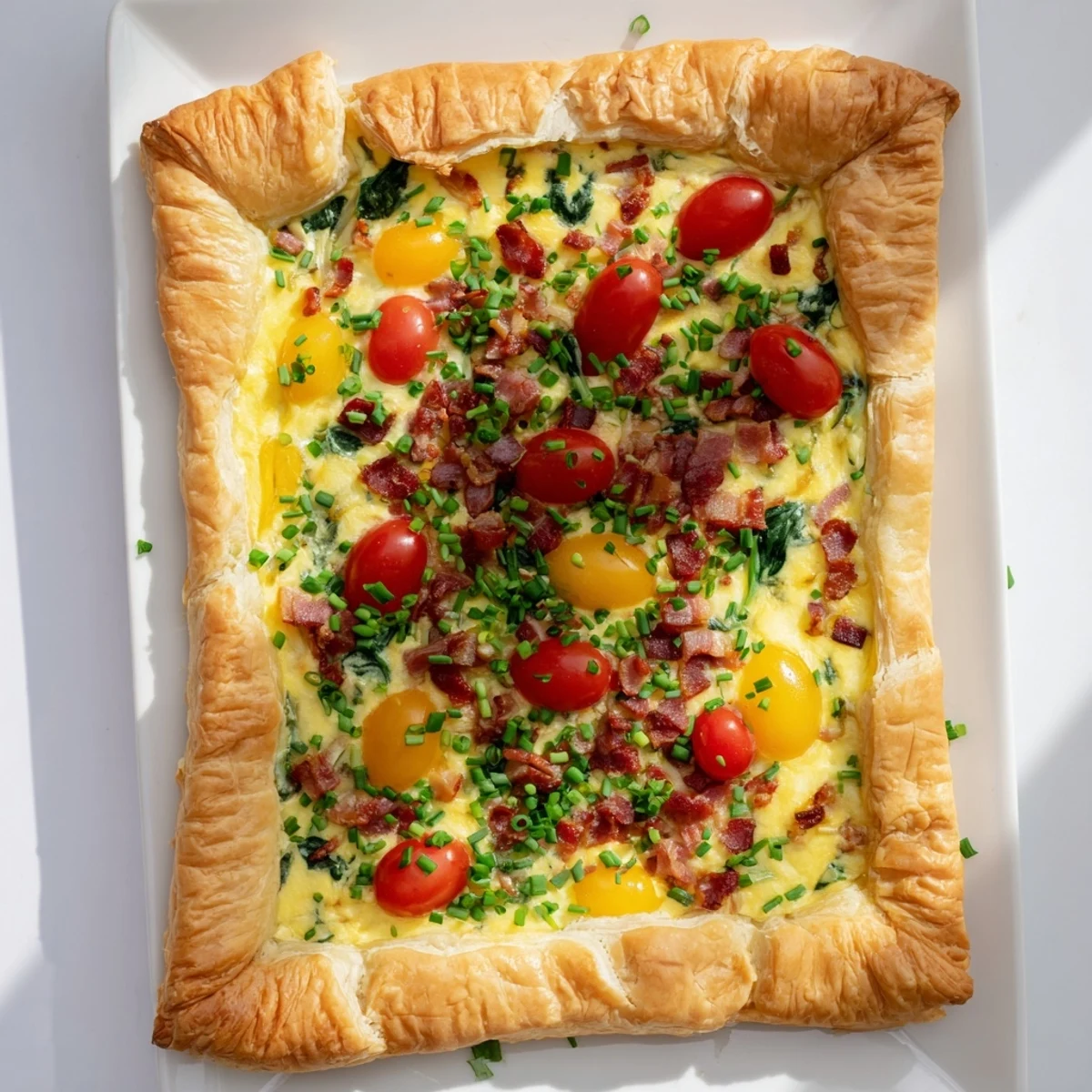 Golden flaky family breakfast tart with bacon eggs and colorful vegetables on rustic wooden board