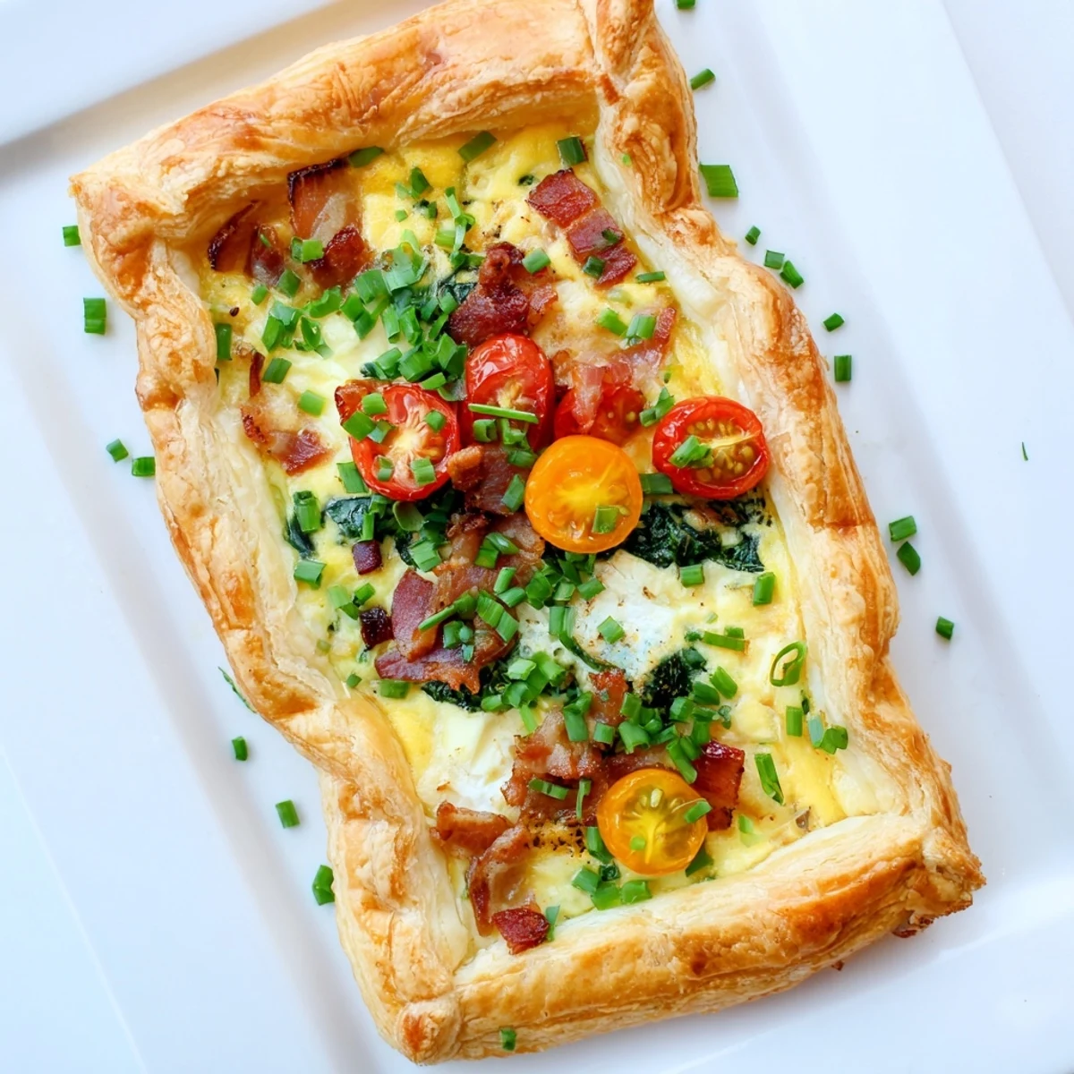 Warm family breakfast tart on serving plate featuring puffed pastry crust with tomato and spinach toppings