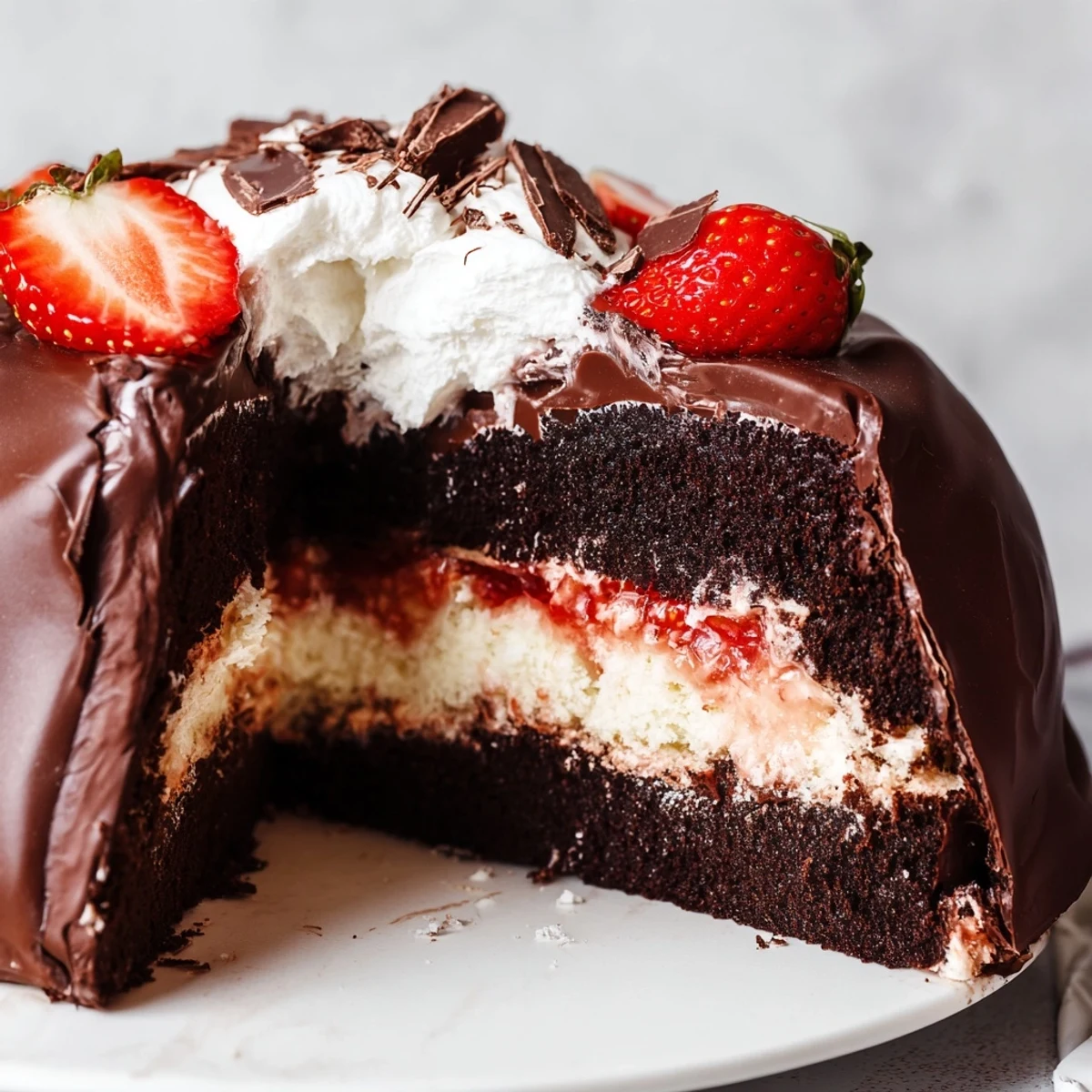 Slice of strawberry chocolate shell cake revealing tender vanilla sponge layers, jammy strawberry filling, and whipped cream