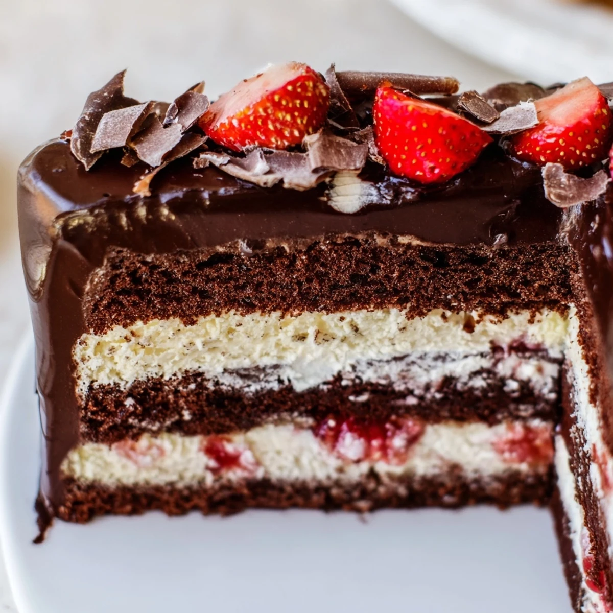 Glossy dark chocolate shell cascades down this indulgent strawberry chocolate shell cake with fresh berry accents