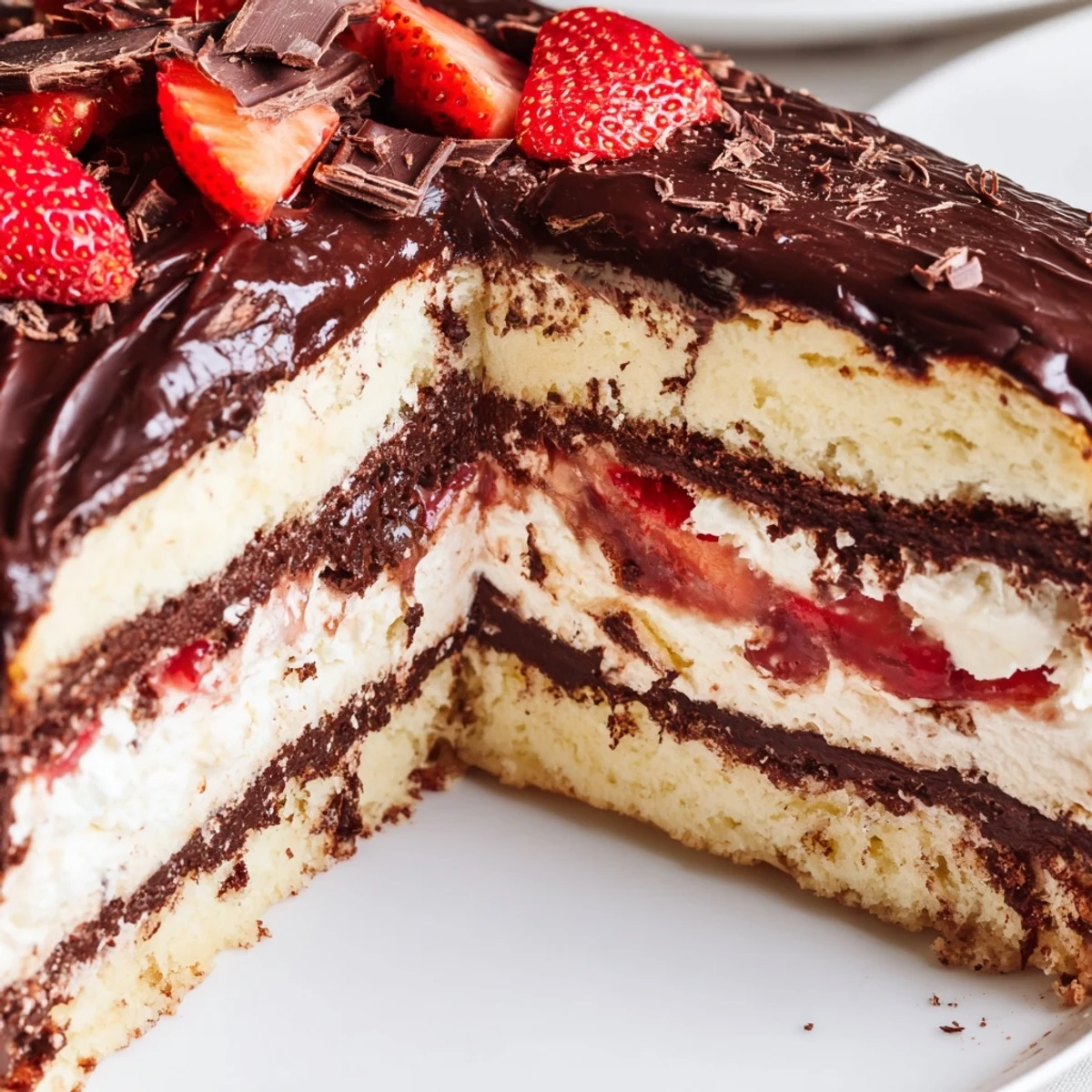 Elegant round dessert showcasing strawberry chocolate shell cake topped with halved fresh strawberries and decorative chocolate shavings