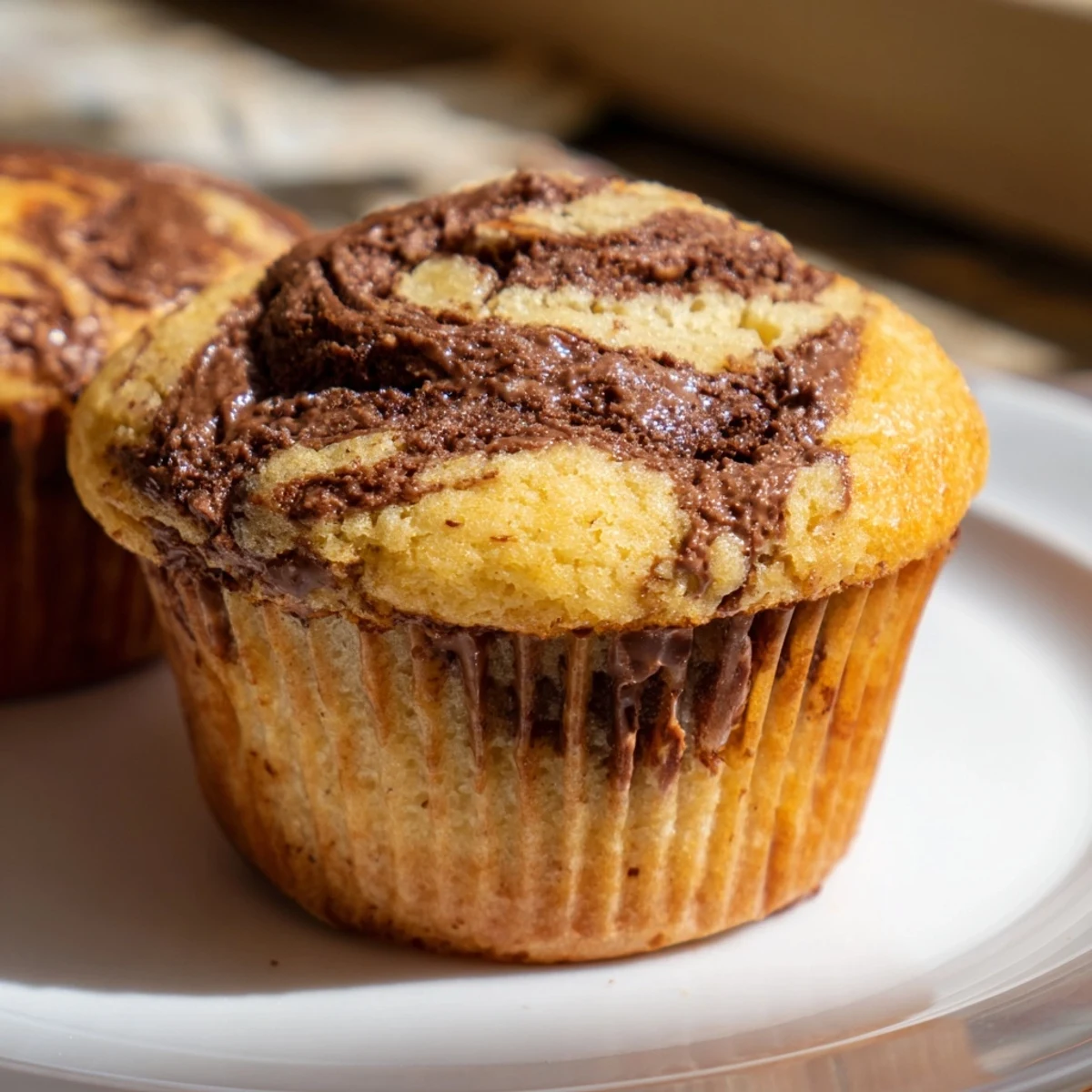 Warm Nutella banana muffins cooling on a wire rack, featuring marbled chocolate hazelnut swirls throughout moist banana bread