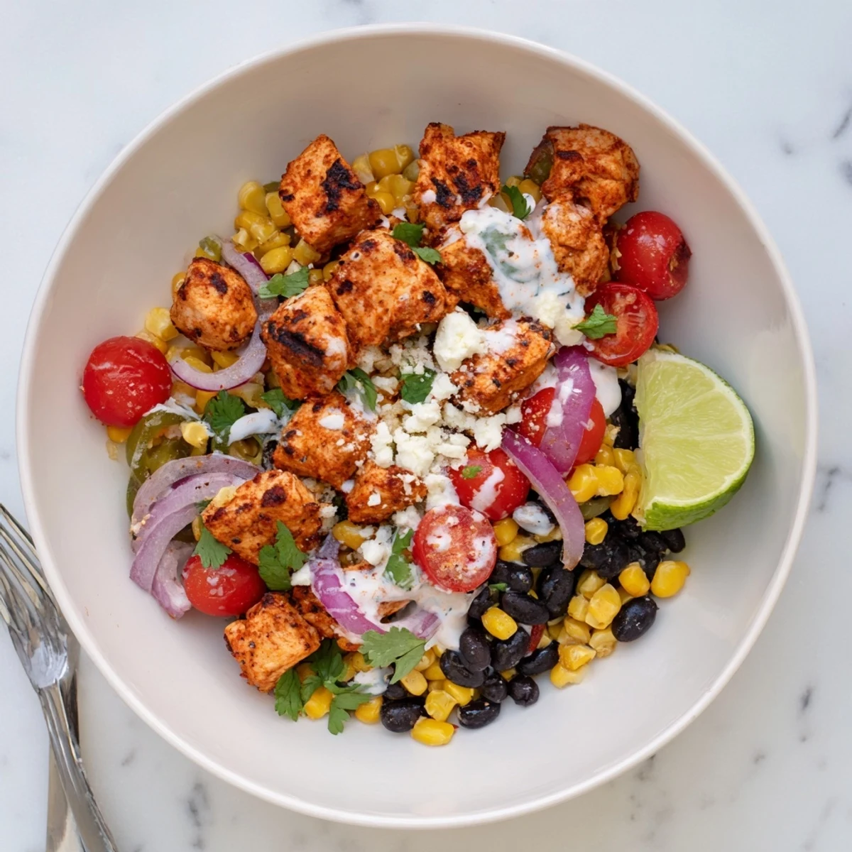 Colorful high protein chicken street corn salad with grilled chicken, sweet corn, black beans, and creamy yogurt dressing in a bowl.