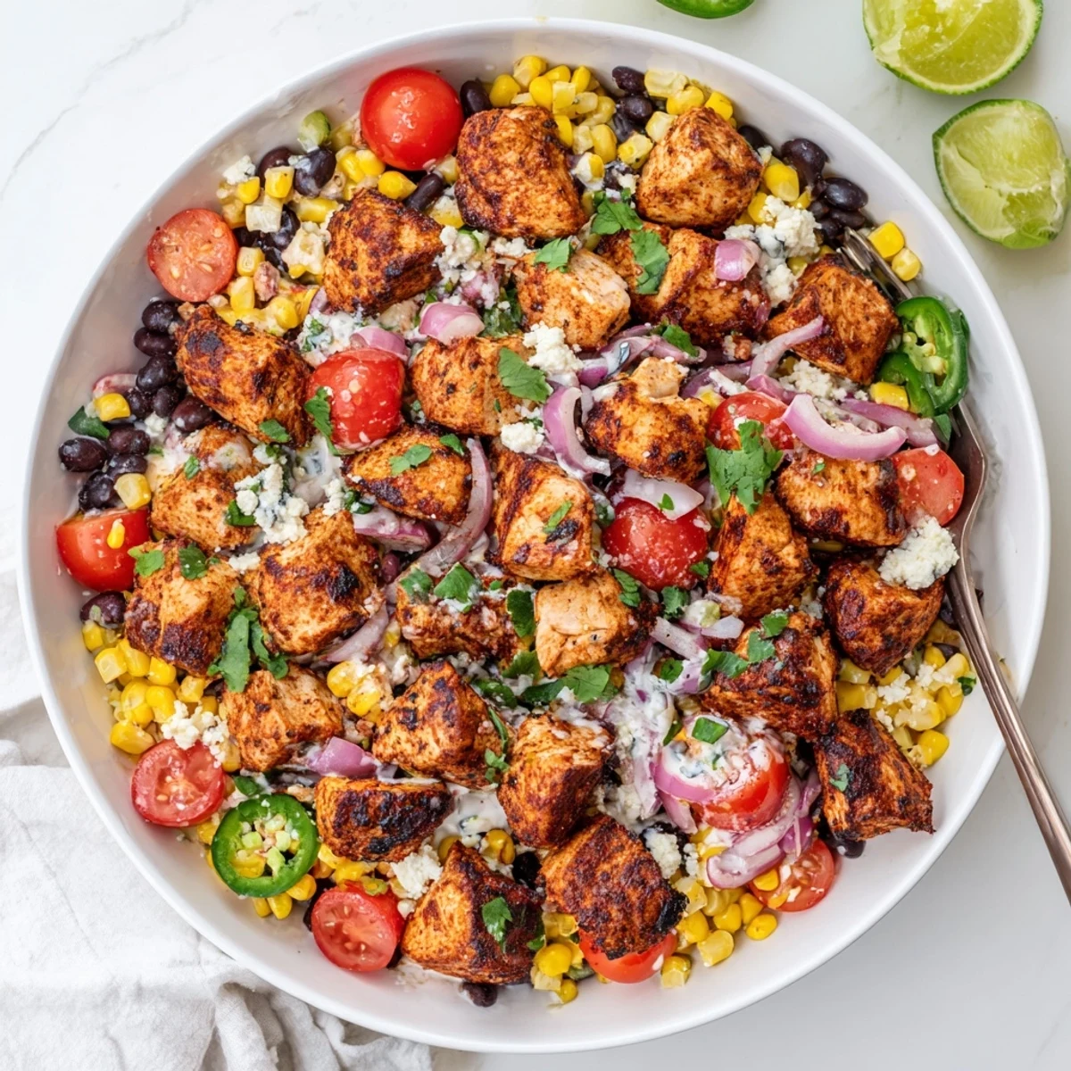 Fresh high protein chicken street corn salad topped with cotija cheese, cilantro, and juicy cherry tomatoes for a healthy meal.