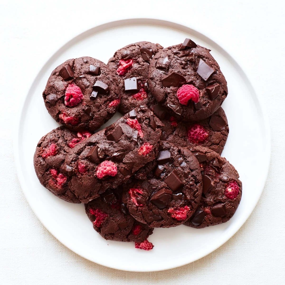 Freshly baked dark chocolate raspberry cookies studded with melted chunks and tart berries on a cooling rack