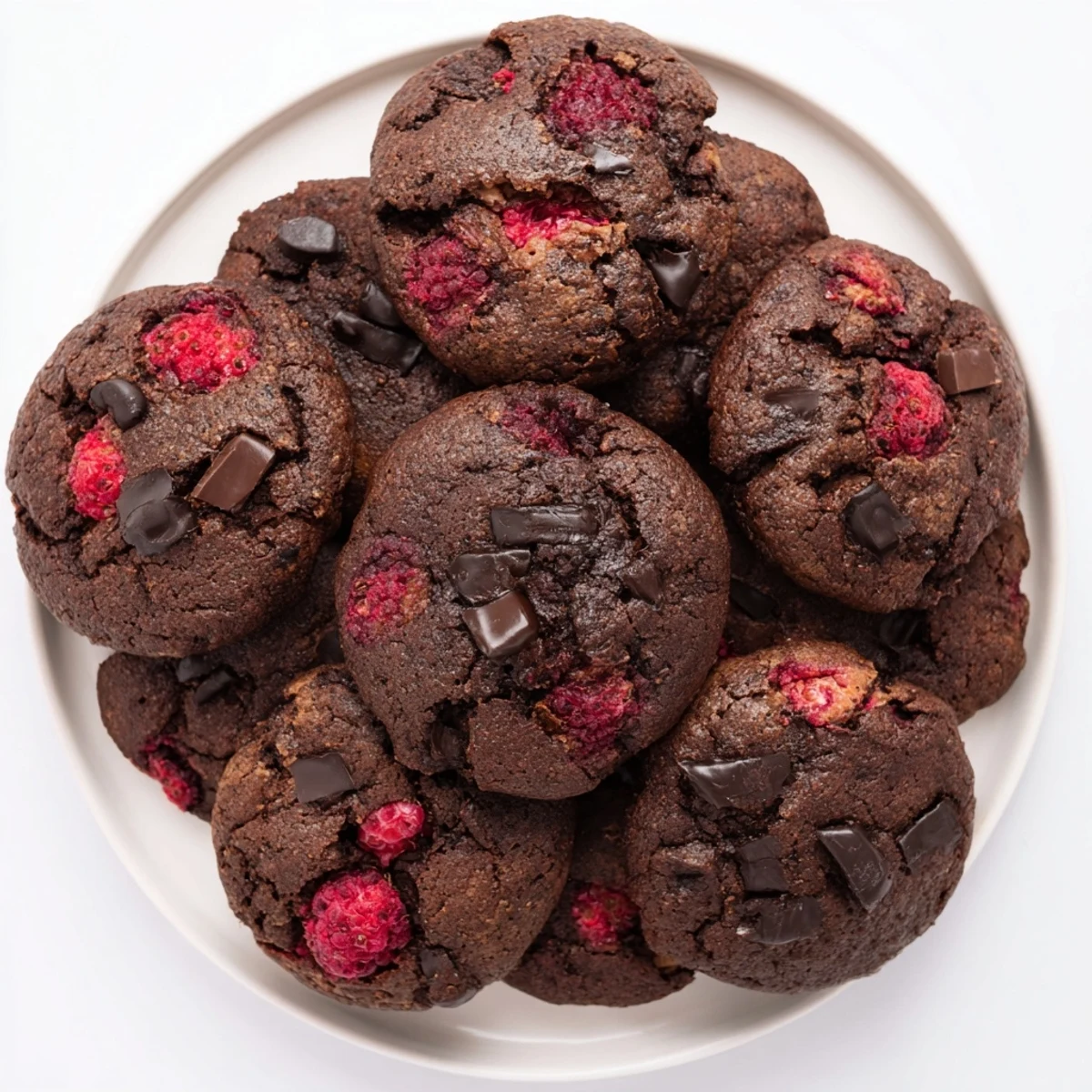 Chewy cocoa cookies featuring dark chocolate chunks and juicy raspberries fresh from the oven