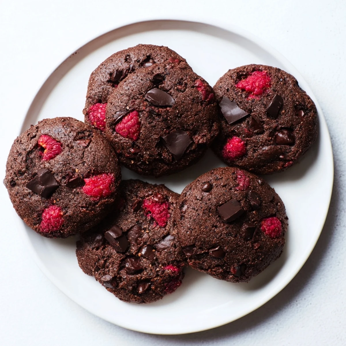 Warm dark chocolate raspberry cookies with gooey chocolate pieces and bright red raspberry swirls