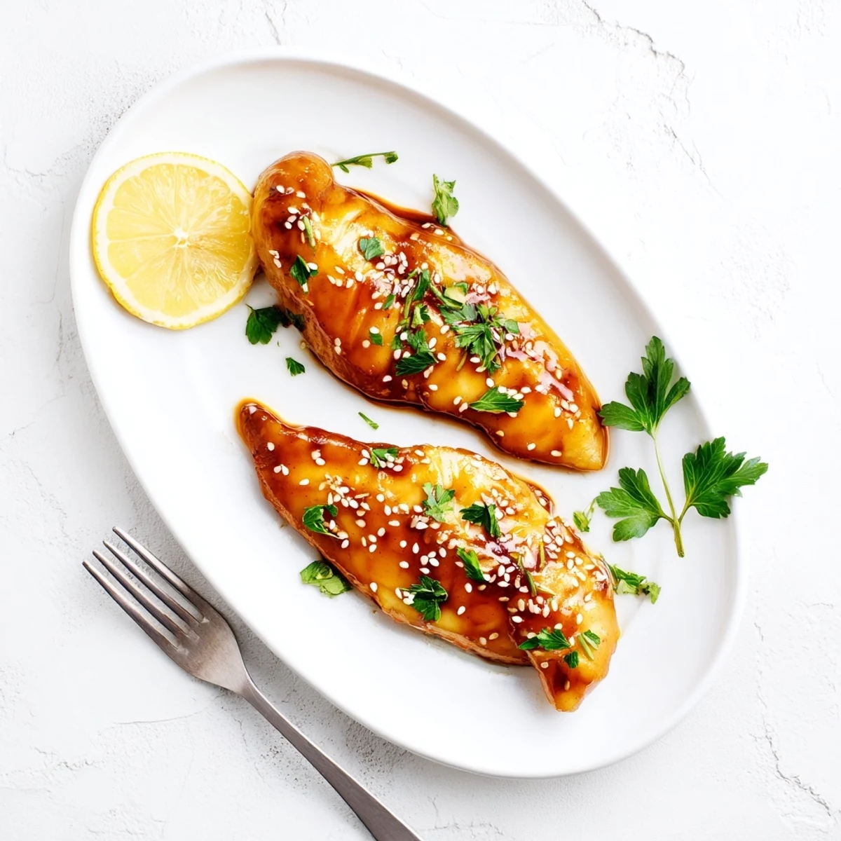 Golden brown baked cod fillets glazed with honey soy marinade on a white plate