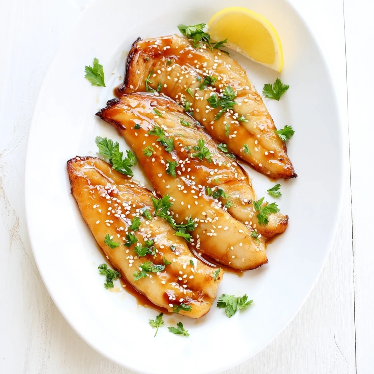 Flaky tender cod with glossy honey soy sauce served with fresh herbs and lemon