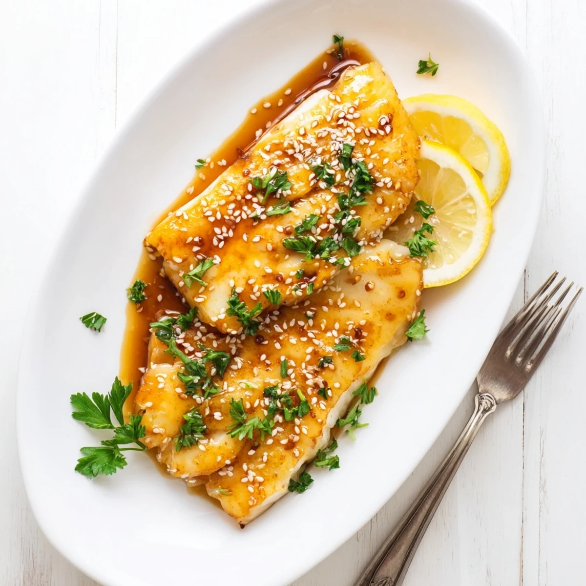 Oven-baked honey soy cod featuring caramelized edges and garnished with sesame seeds and parsley