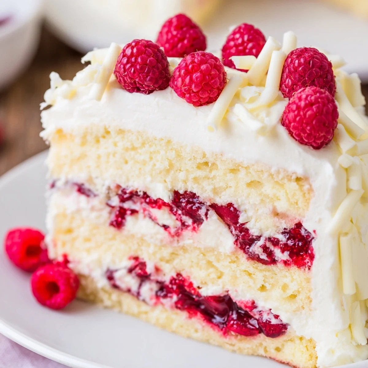 White chocolate raspberry cream cake slice showing red berry compote swirls between fluffy white frosting layers