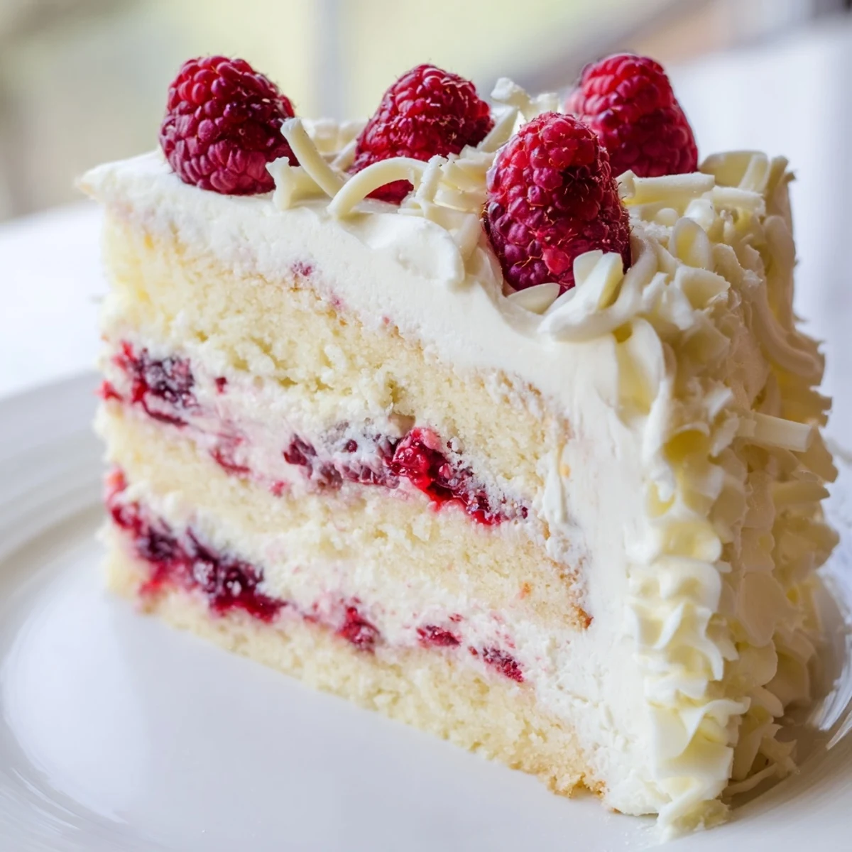 Layered white chocolate raspberry cream cake topped with fresh raspberries and elegant white chocolate curls