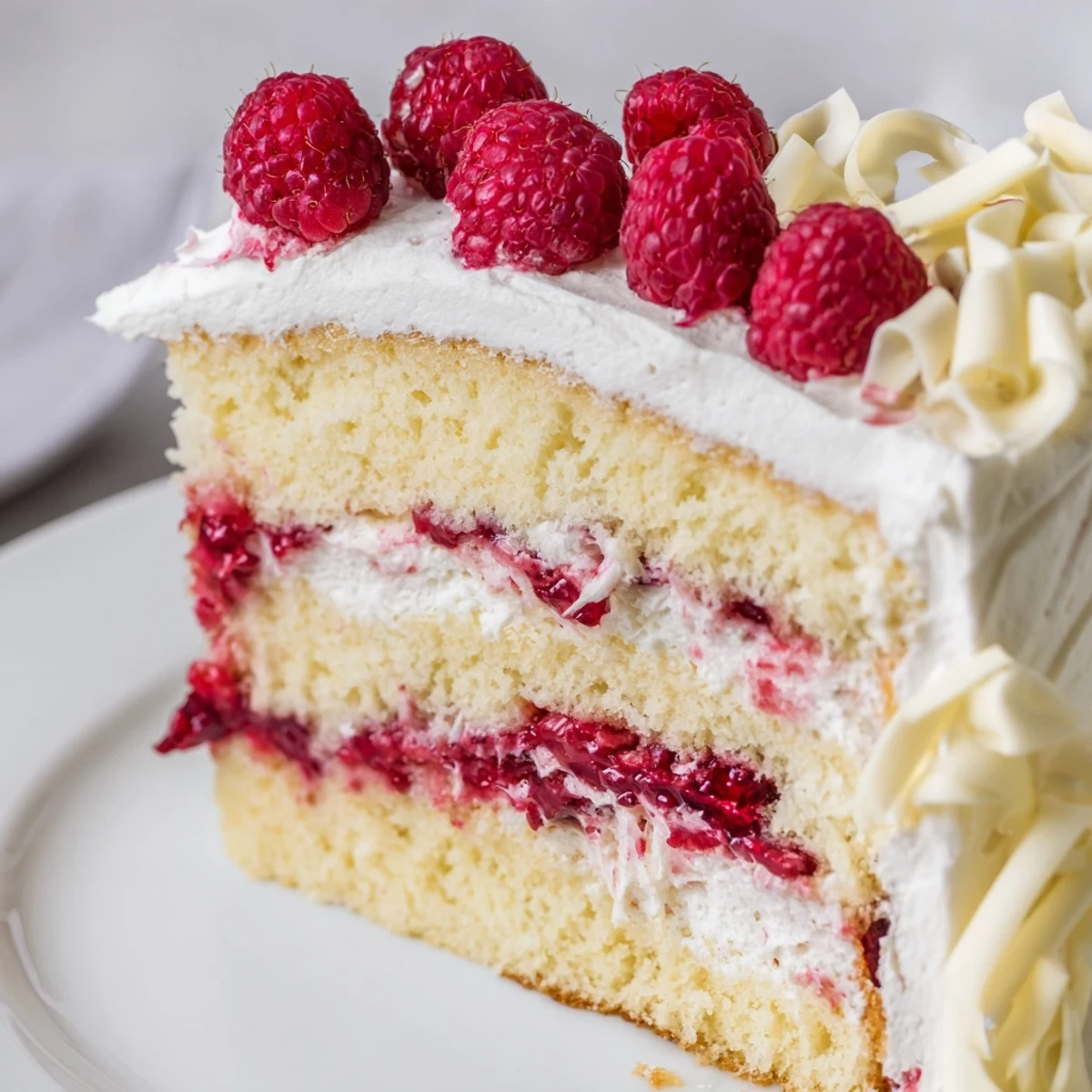 Generous slice of white chocolate raspberry cream cake displaying creamy filling and vibrant red raspberry ribbons