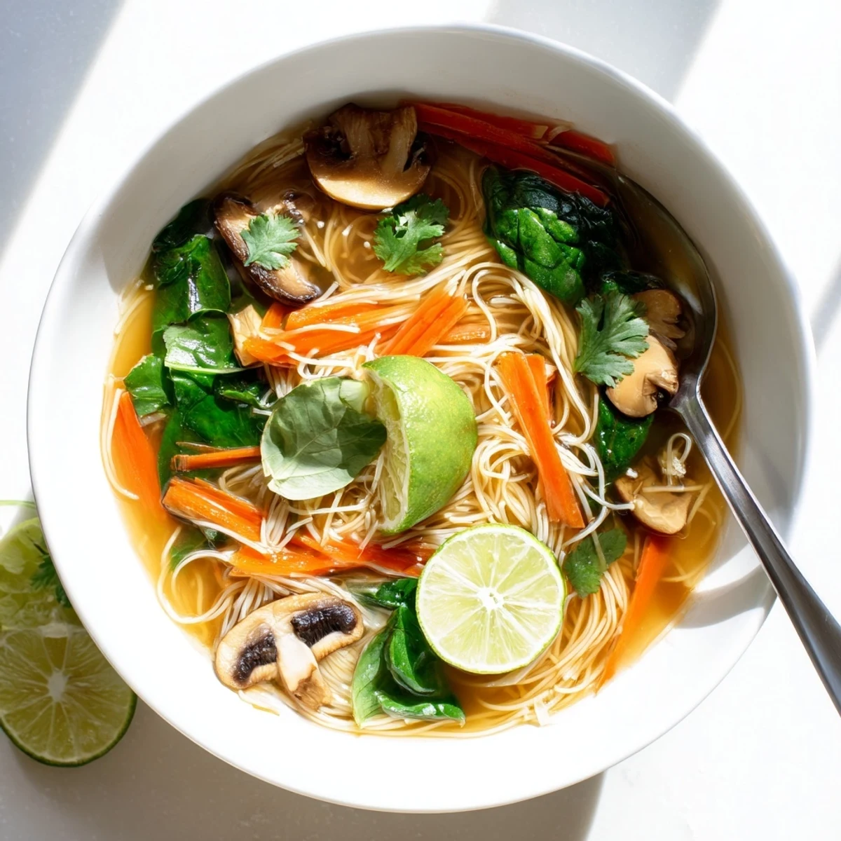 Steaming bowl of healing ginger garlic broth with rice noodles, fresh cilantro, and lime wedges