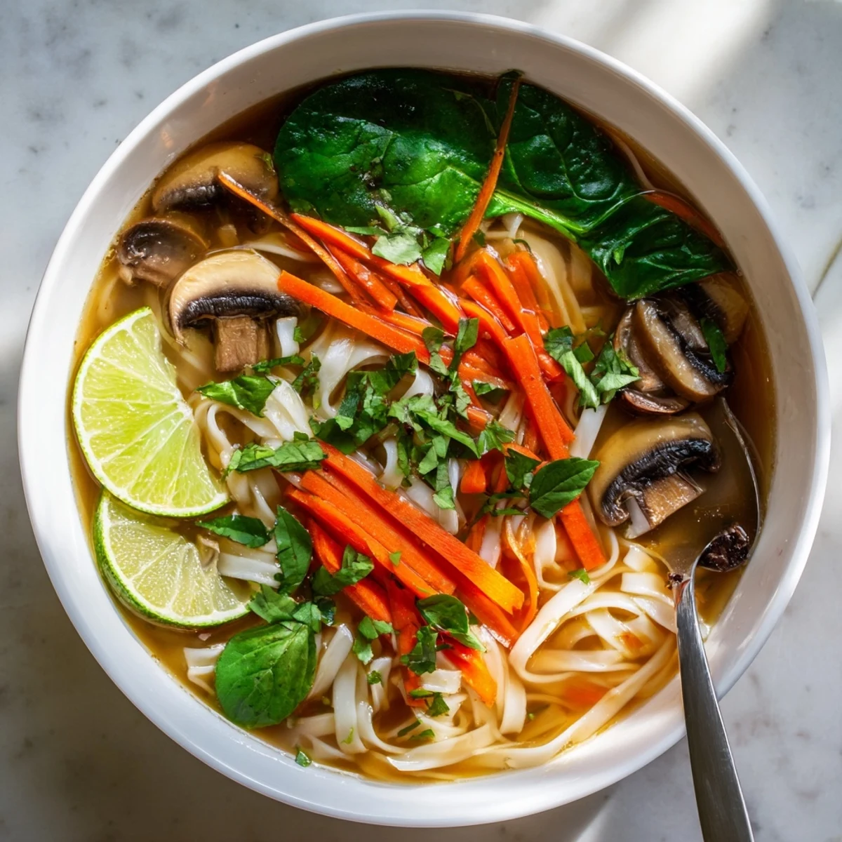 Aromatic Asian-inspired soup featuring tender rice noodles in flavorful ginger garlic broth with vibrant spinach and shiitake mushrooms