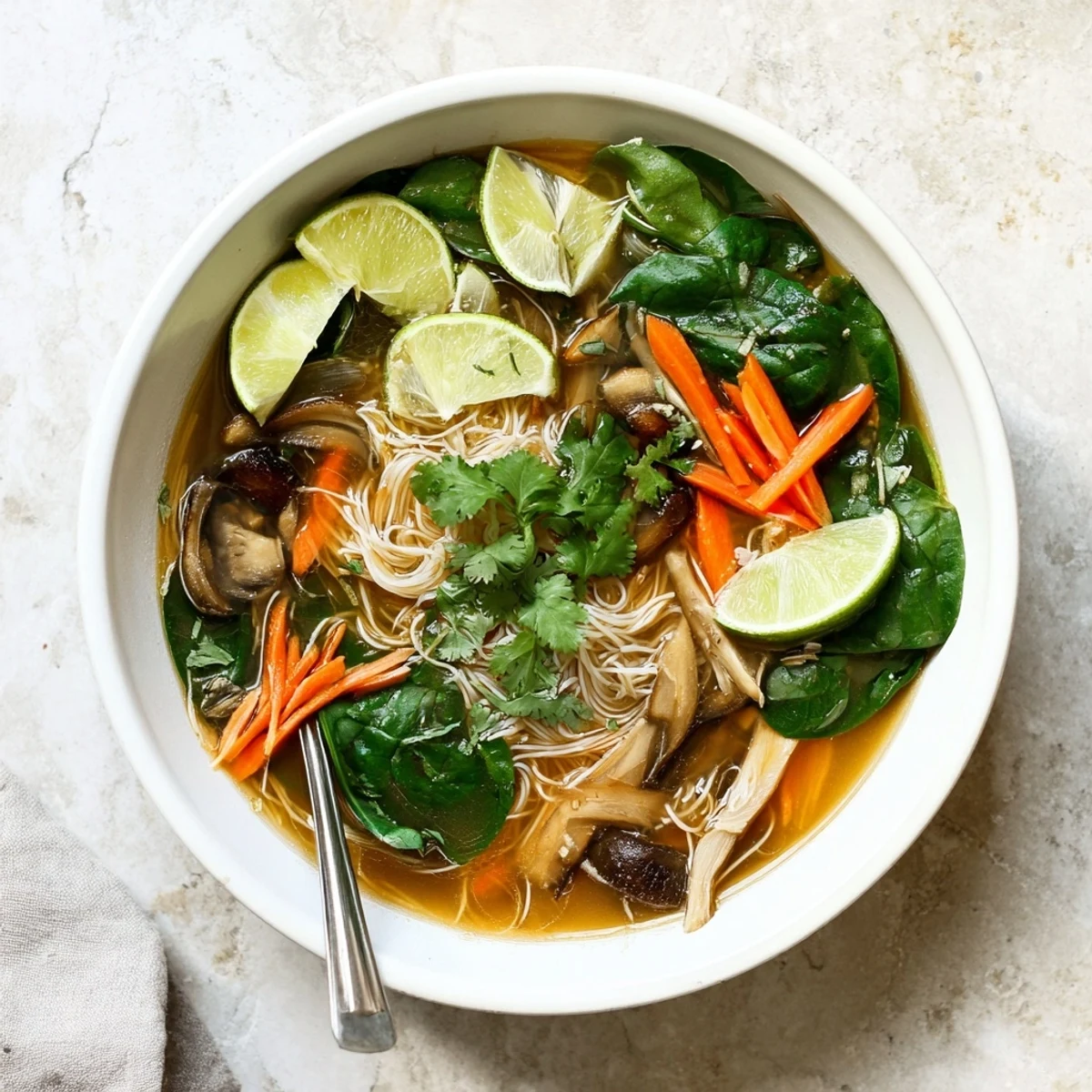 Comforting vegan gluten-free broth with slippery rice noodles, fragrant ginger garlic, and garnishes of fresh basil and julienned carrots