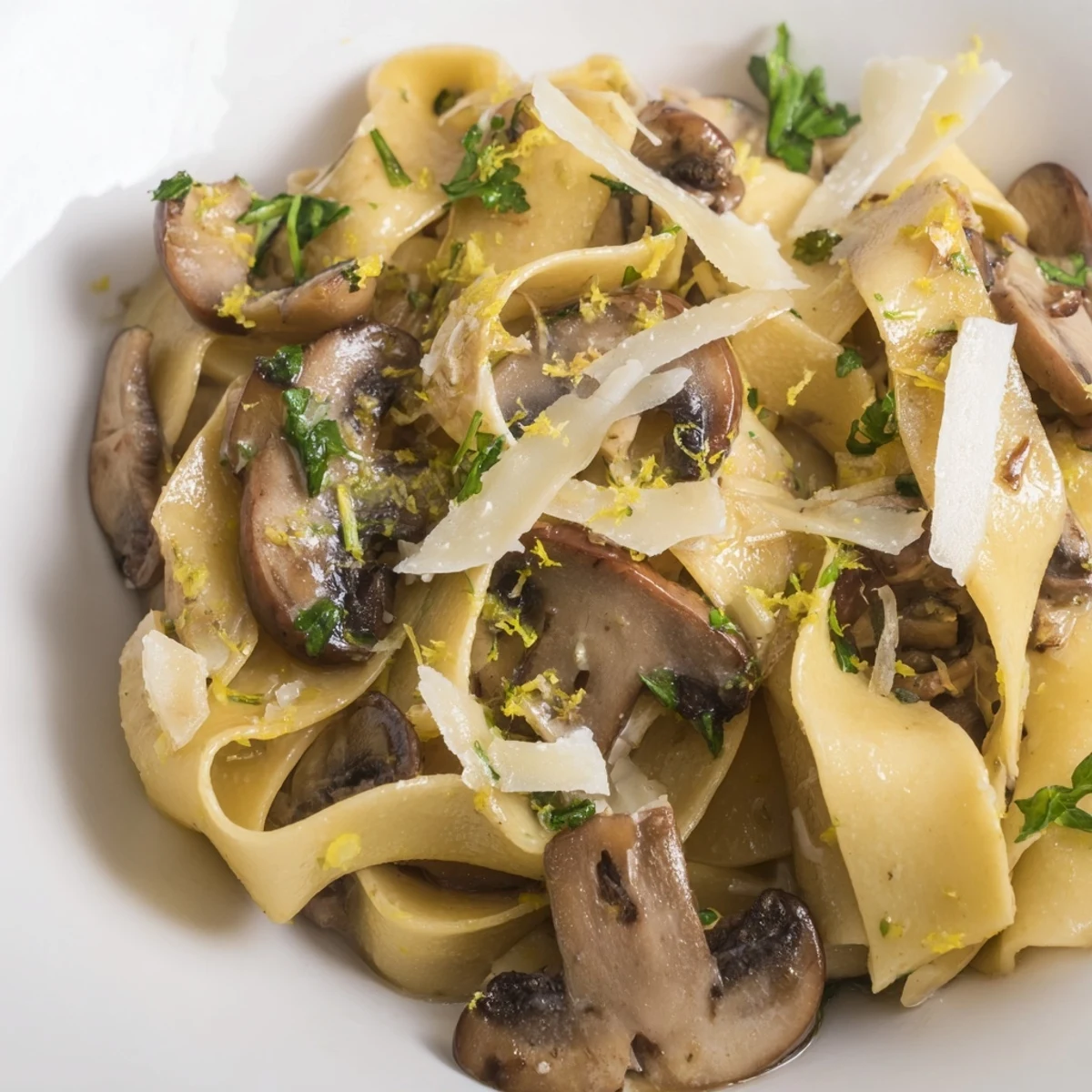 Golden brown mushrooms tossed with garlic butter pappardelle pasta sprinkled with Parmesan cheese