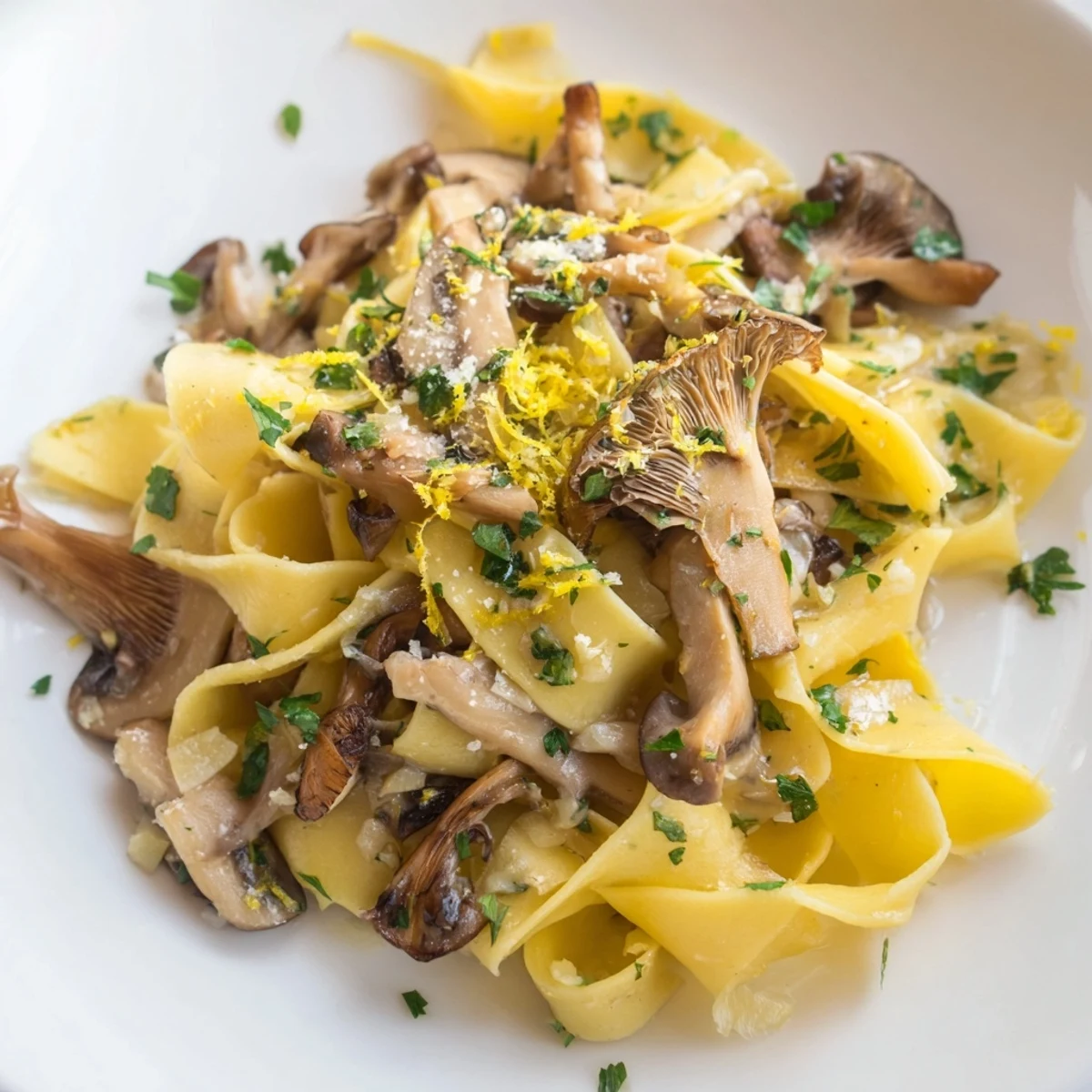 Wide pappardelle noodles coated in golden garlic butter with sautéed mushrooms and fresh parsley
