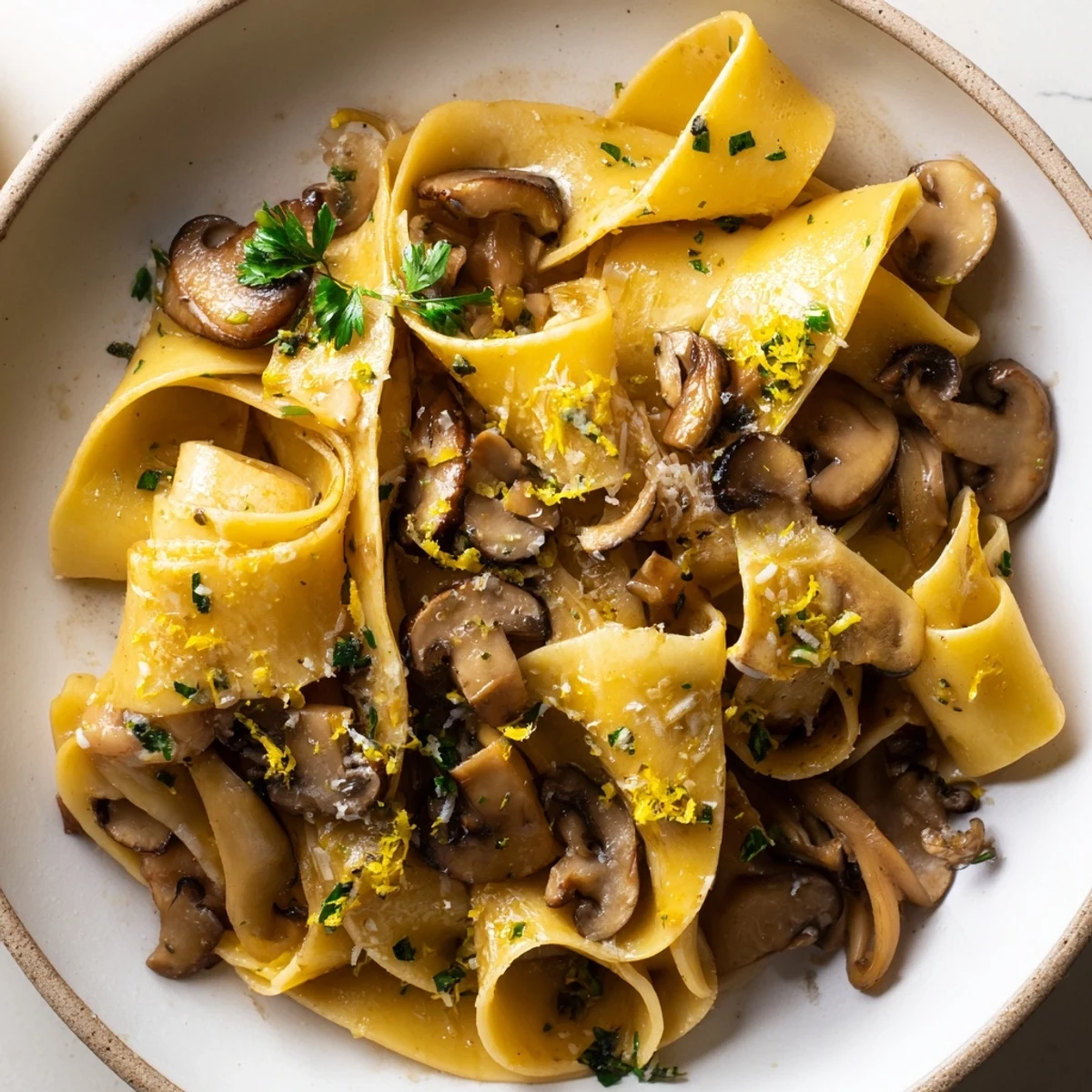 Creamy garlic butter mushroom pappardelle served in a white bowl with lemon zest garnish