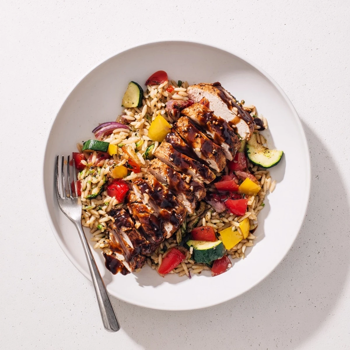 One pan balsamic chicken veggie orzo featuring tender meat and vibrant Mediterranean peppers