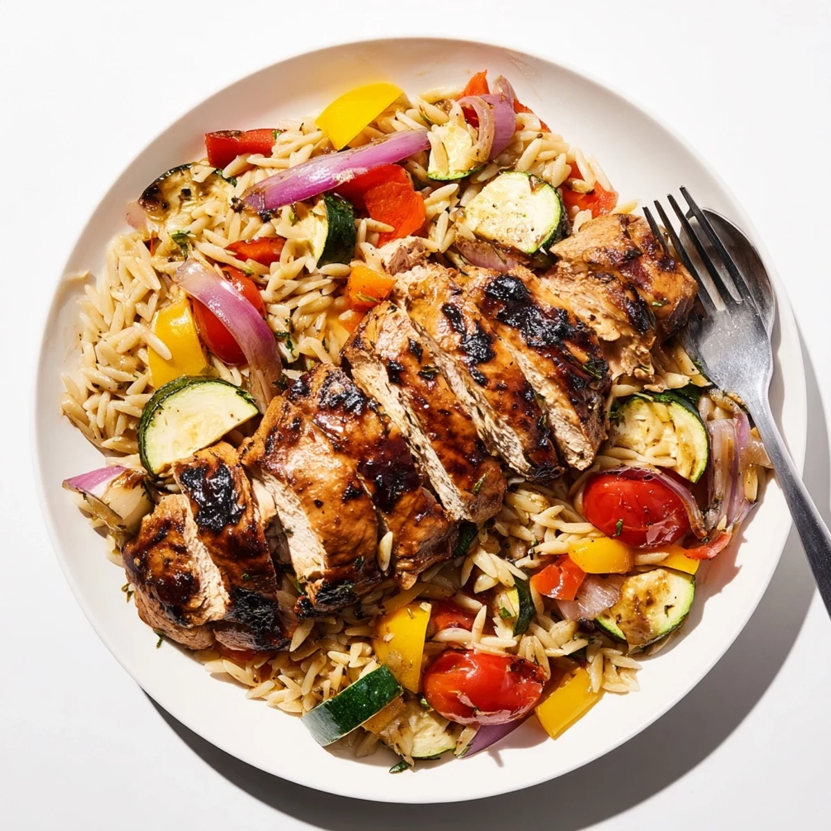 Golden balsamic glazed chicken breast atop colorful roasted vegetables and fluffy orzo pasta