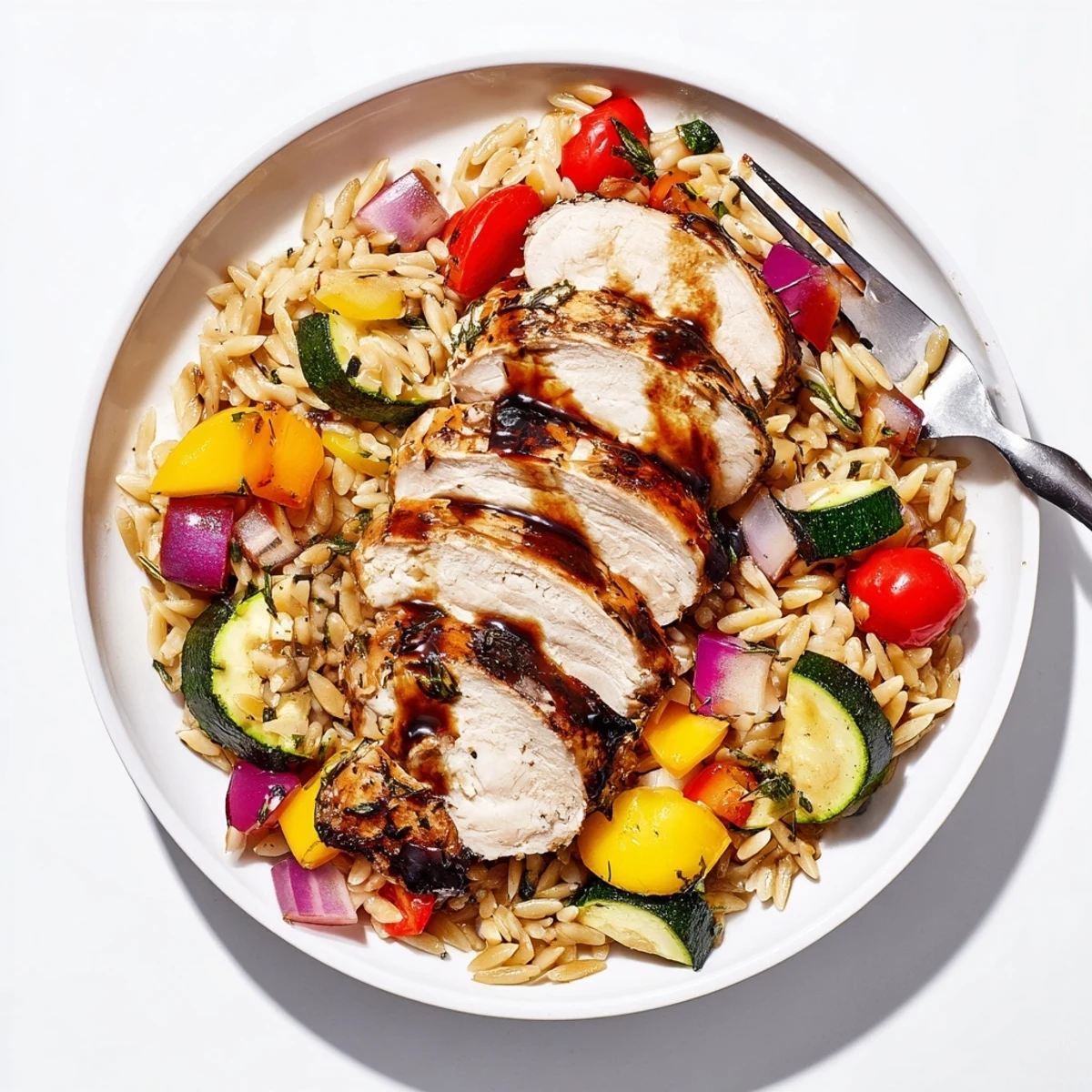 Wholesome dinner of marinated chicken with zucchini, tomatoes, and lemon herb orzo