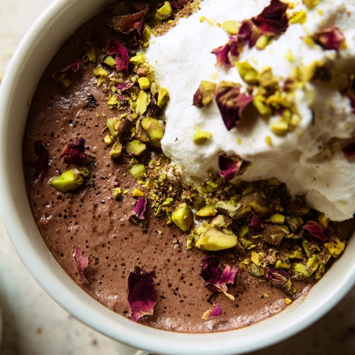 Rich Dubai chocolate cup featuring cardamom-spiced mousse with crunchy pistachio layers and rosewater cream topping