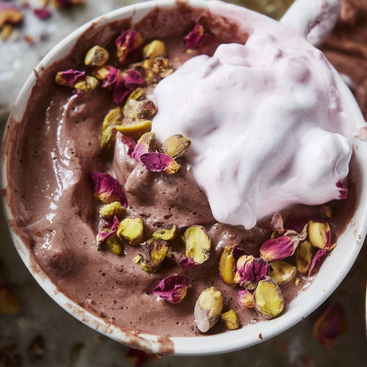 Decadent Middle Eastern dessert cup with velvety chocolate, honey-toasted pistachios, and fragrant rosewater whipped cream