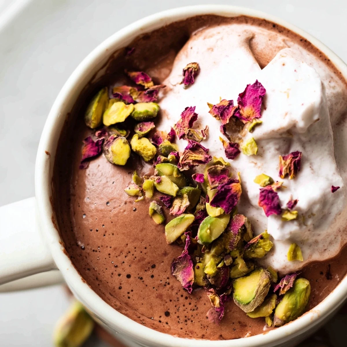 Elegant individual chocolate dessert showcasing smooth mousse, textured pistachio crunch, and aromatic rosewater cream garnish