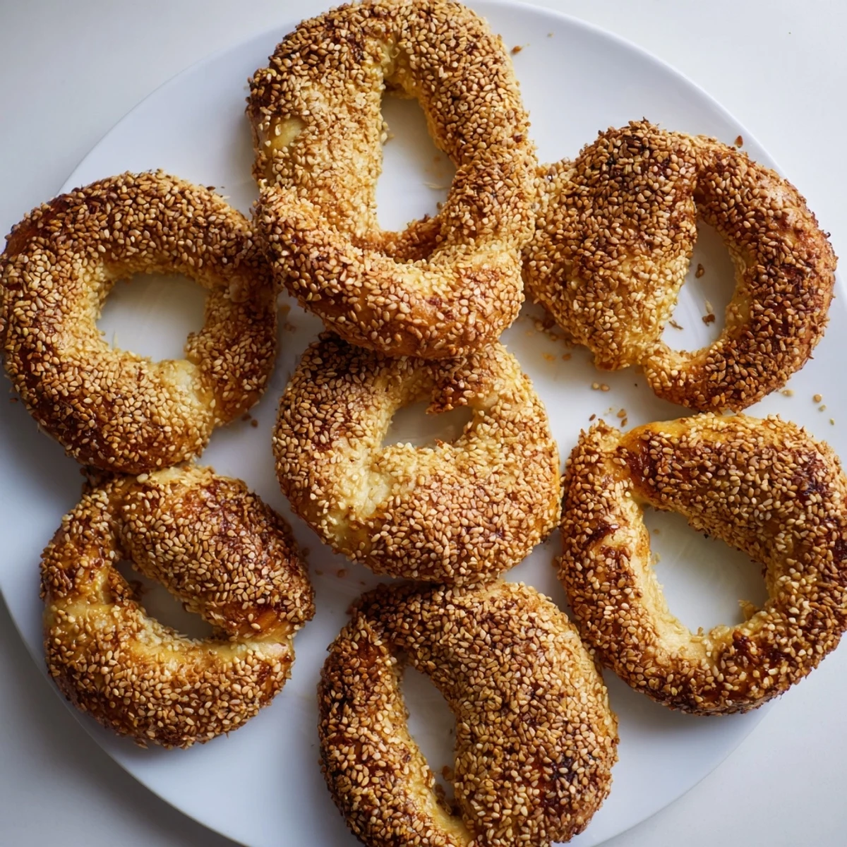 Golden sesame bread rings with crisp exterior and soft chewy interior perfect for Mediterranean breakfast