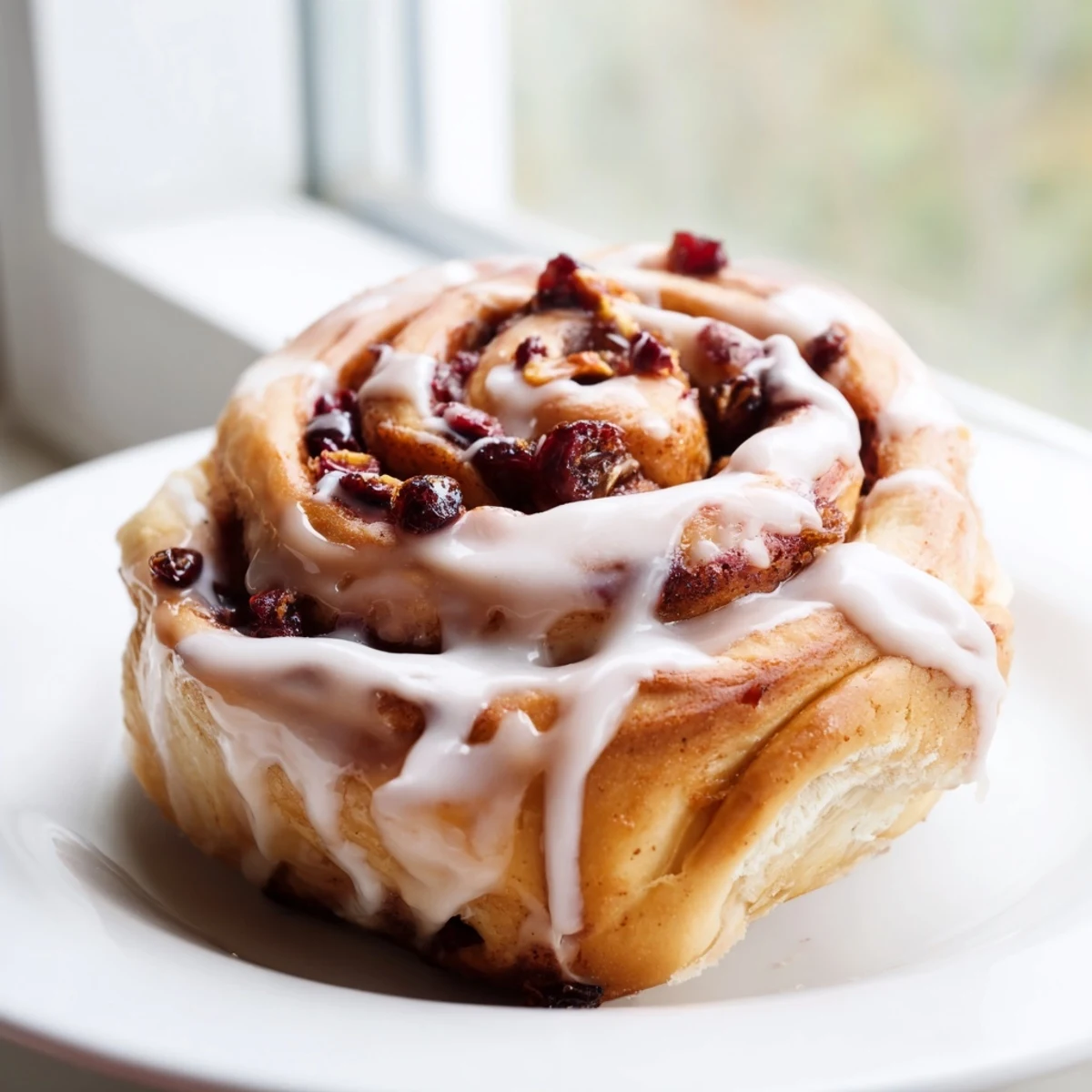 Freshly baked cherry cinnamon rolls with juicy fruit spirals and sweet vanilla glaze