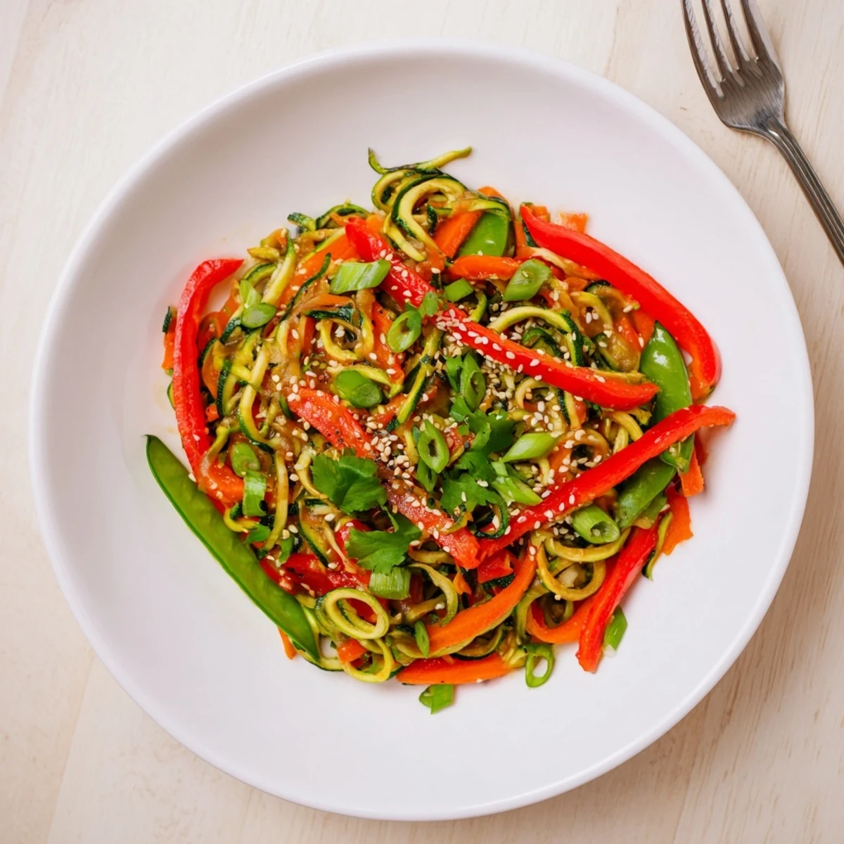 Golden teriyaki zucchini noodles spiralized with crisp vegetables in a glossy savory-sweet sauce