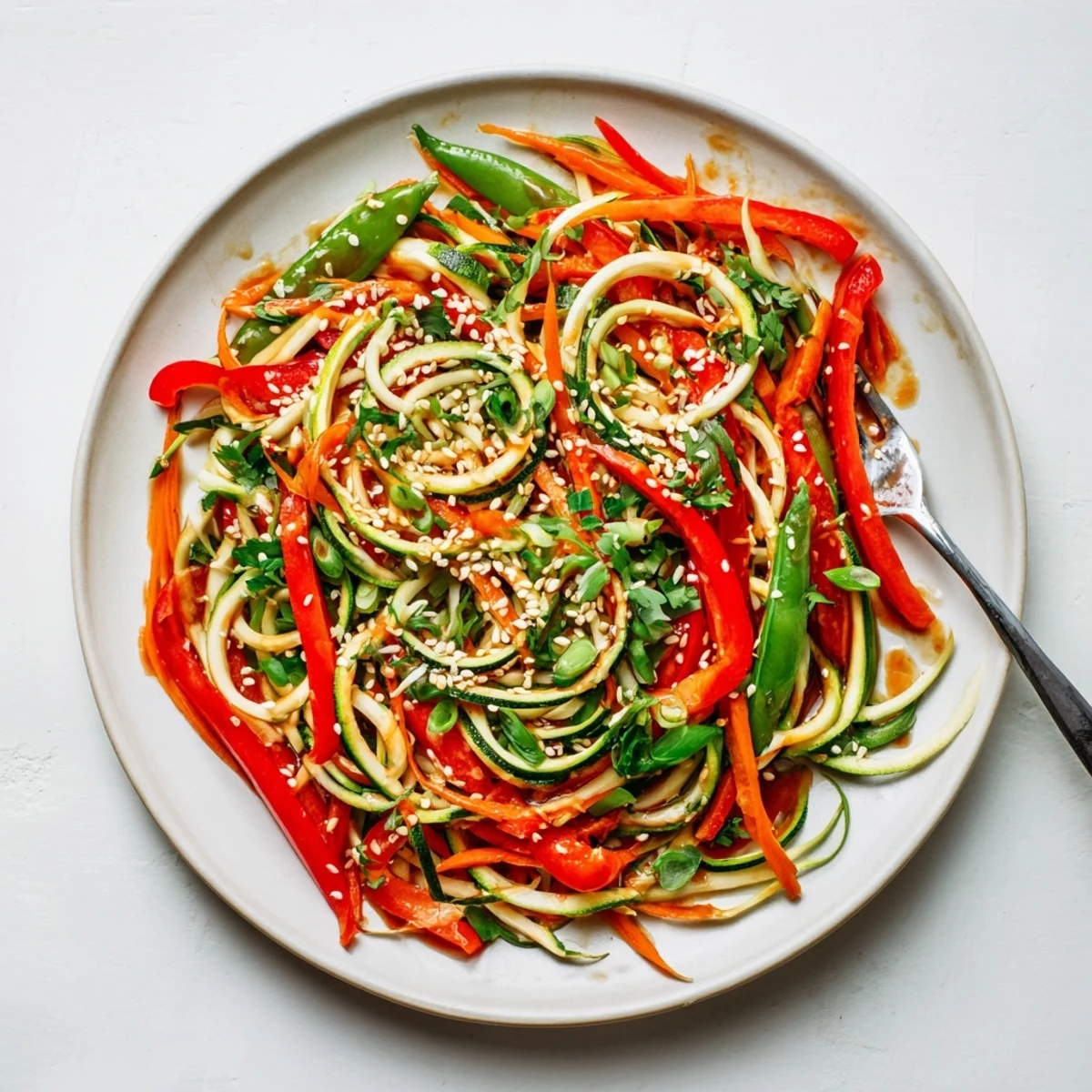 Vibrant vegetable stir-fry featuring spiralized zucchini noodles coated in homemade teriyaki glaze