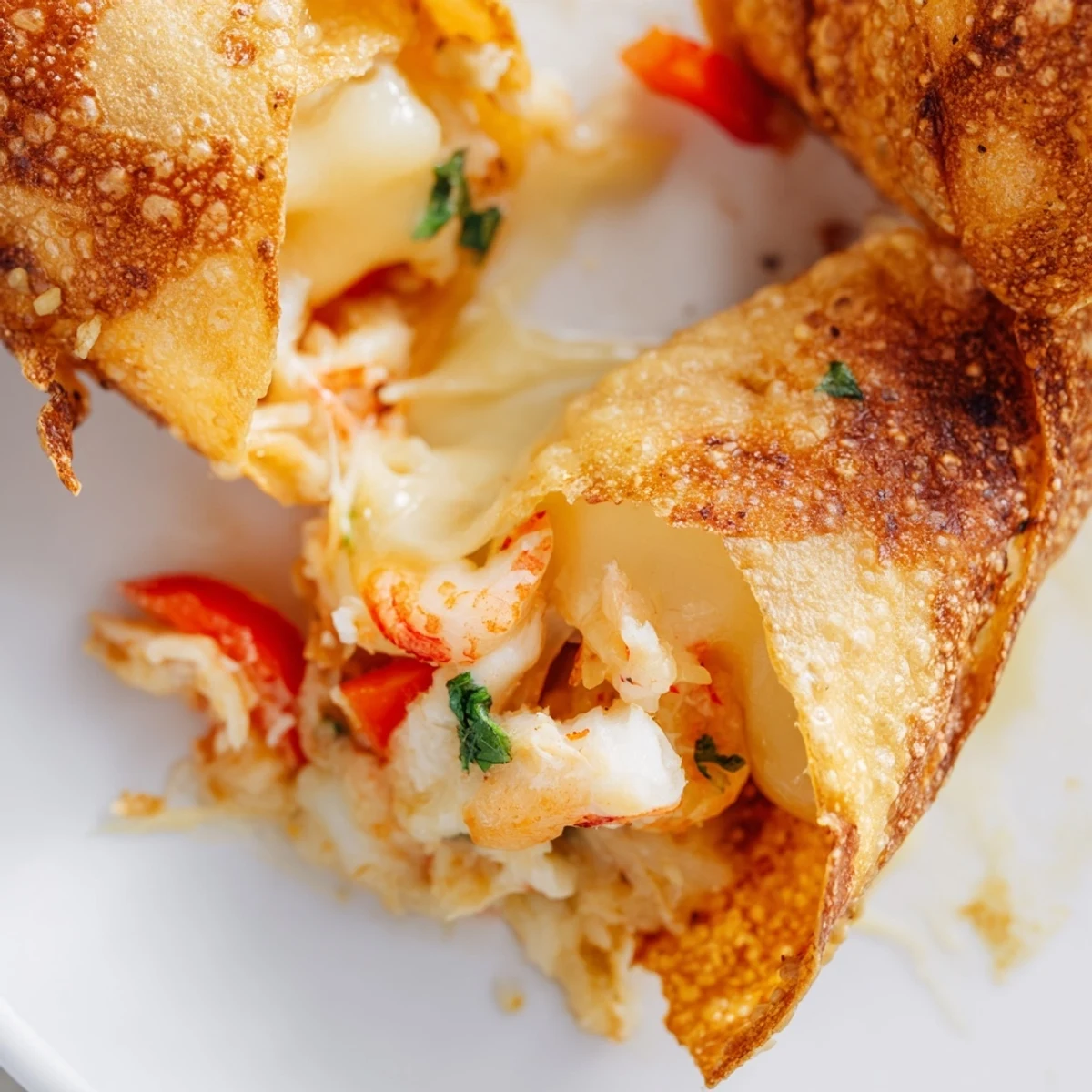 Golden brown crab and shrimp tortilla bombs with melty cheese and fresh cilantro garnish