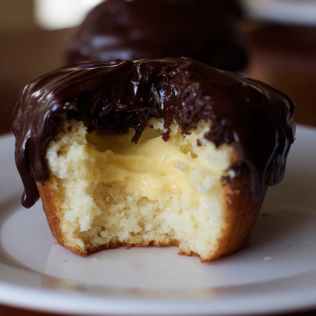 Golden vanilla Boston cream pie cupcakes with creamy pastry cream filling and rich glossy chocolate ganache topping