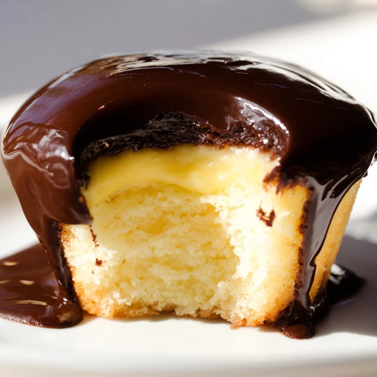 Homemade Boston cream pie cupcakes stacked on a cooling rack showcasing thick chocolate ganache and luscious custard center