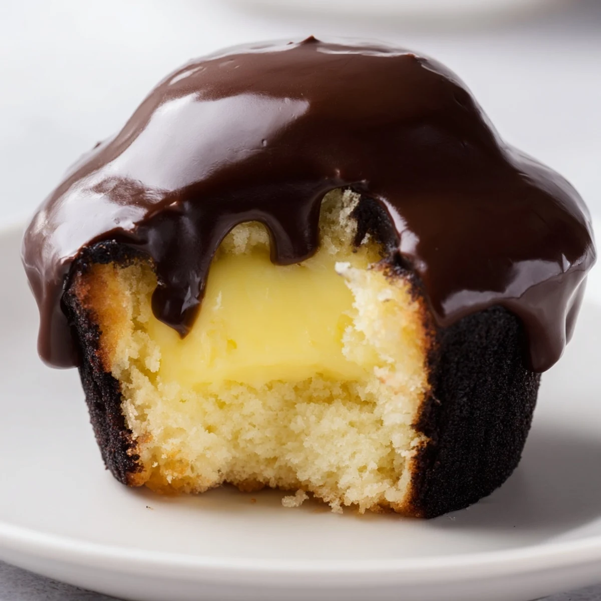 Individually portioned Boston cream pie cupcakes featuring a sweet vanilla pastry surprise beneath smooth dark chocolate glaze