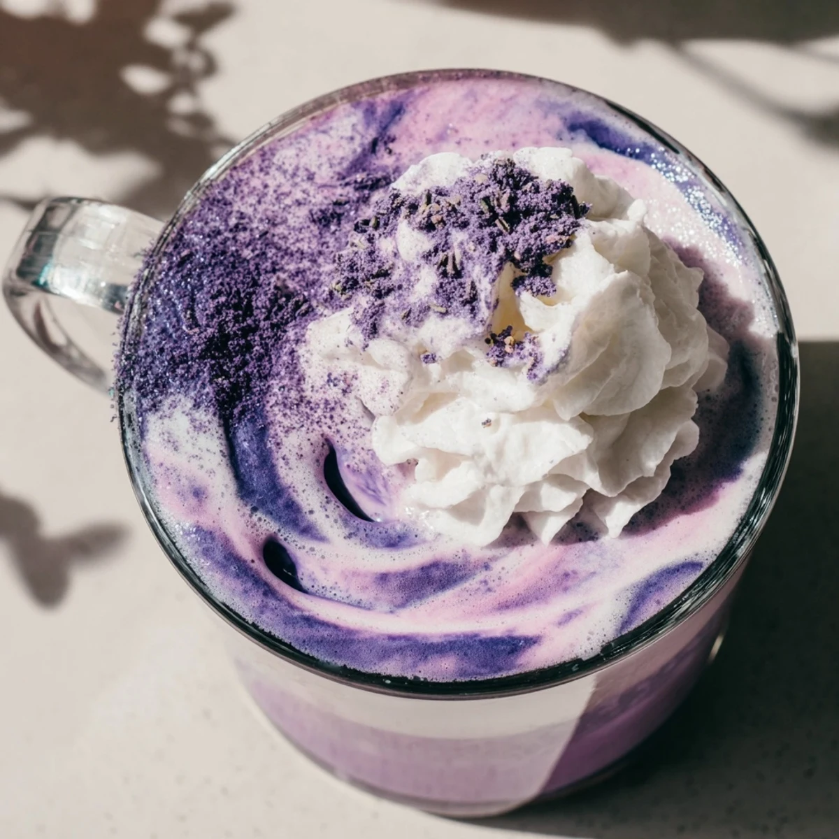 Steaming ube latte in clear mug showing swirls of espresso and purple yam throughout