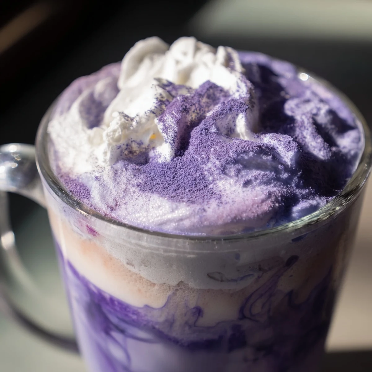 Iced ube latte layered over ice cubes with garnish of sweetened condensed milk drizzle