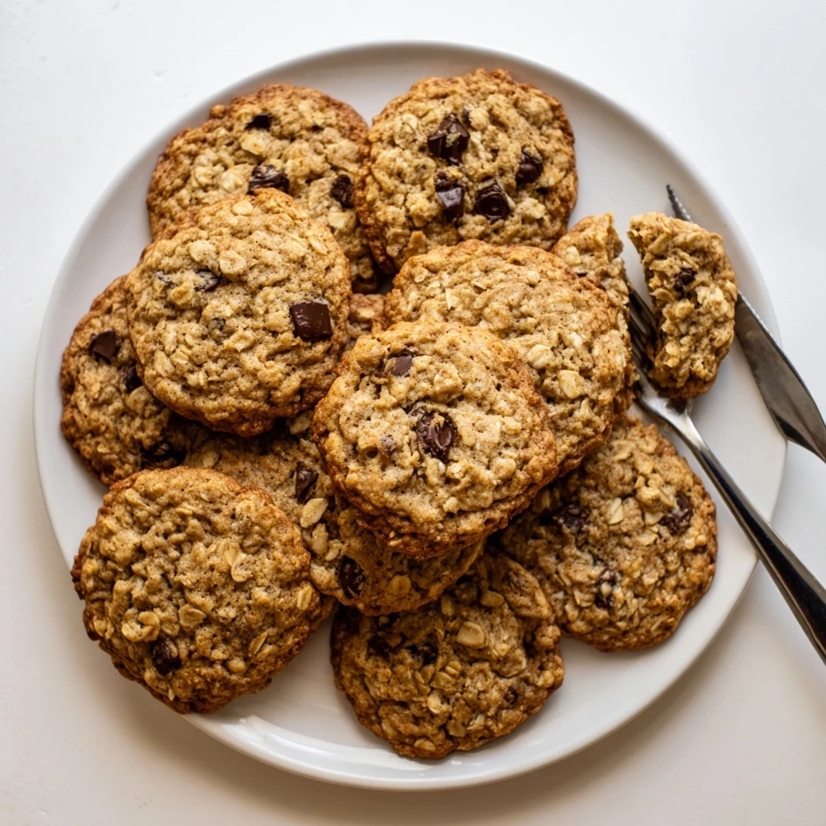 Golden brown Irish oat cookies studded with chocolate chips on a cooling rack